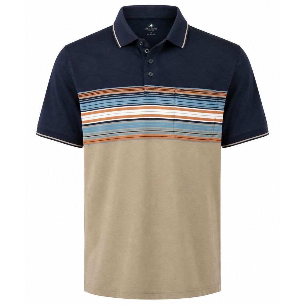 RedHead Mens Striped Polo Shirt Size L Blue Tan Short Sleeve Casual Golf Shirt